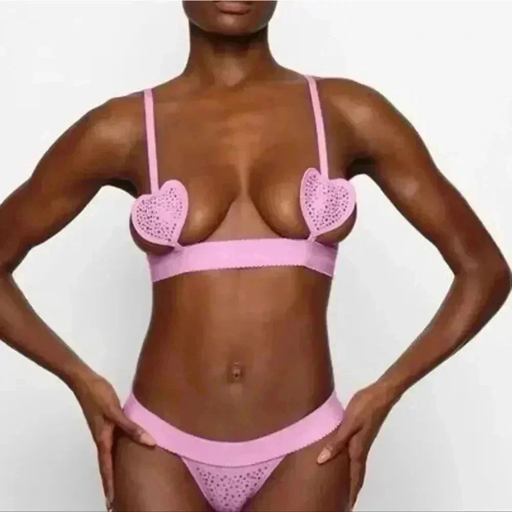Skims Bra Bralette Jelly Sheer Rhinestone Heart Petal Pink L - Picture 6 of 7